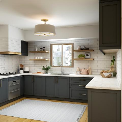 Nieuwe moderne keuken met donkere kastjes en witte tegels